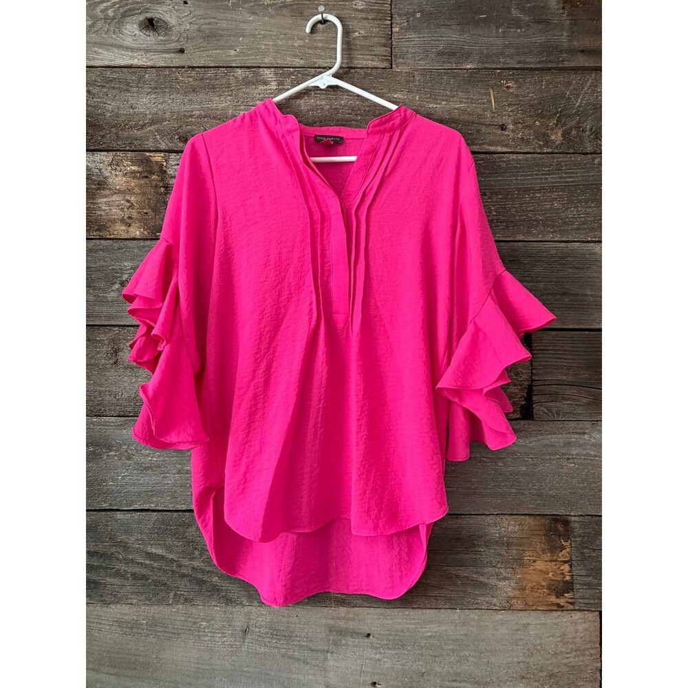 Vince Camuto Top Size S Hot Pink Ruffle Sleeve Split Neck Blouse
